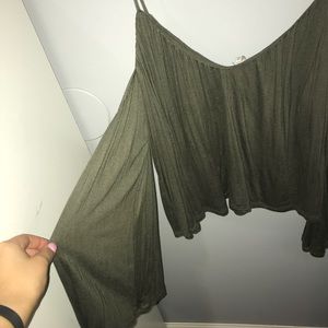 Long Sleeve Army Green Off The Shoulder Shirt